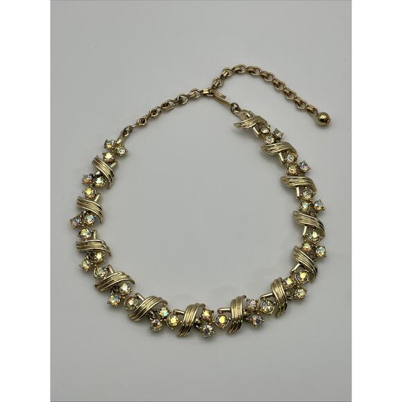 Vintage Aurora Borealis Rhinestone Choker Necklace Gold Tone Art Deco 15" - Picture 1 of 8